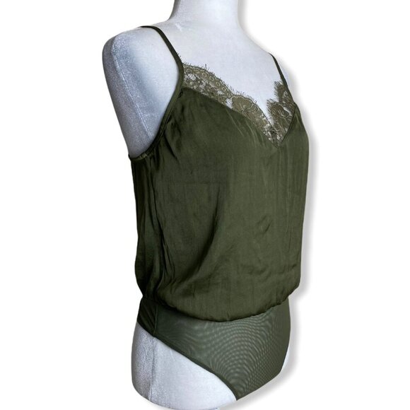 Socialite NEW Lace Trim Satin Bodysuit in Olive Green Women's Size S NWT - Picture 5 of 8